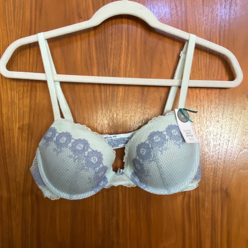 NWT GapBody Favorite Demi Plunge Bra 36B Light Blue Purple Floral Lace Padded
